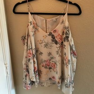 Floral Open Shoulder Long Sleeve Flowing Top